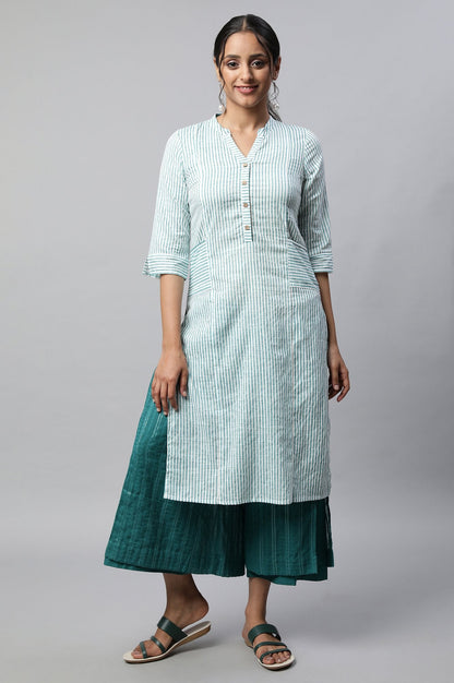 Teal Green Textured Wide-leg Cotton Palazzo with Drawstring