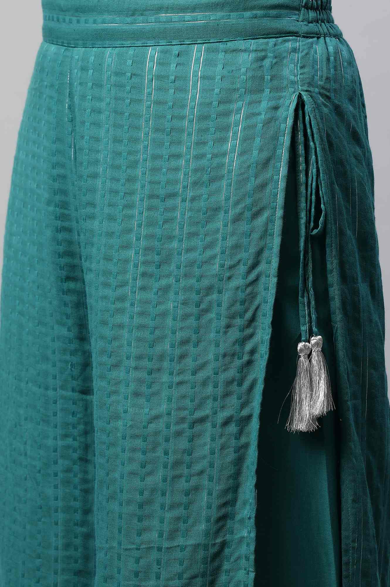 Teal Green Textured Wide-leg Cotton Palazzo with Drawstring