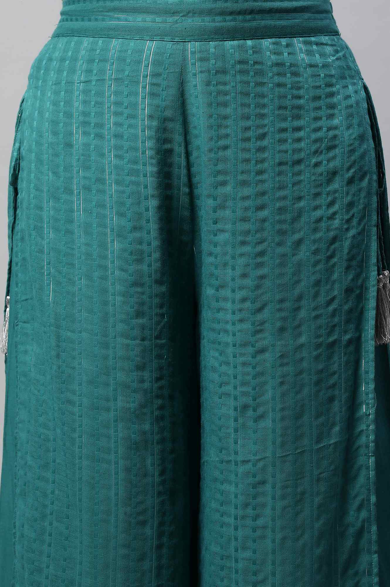 Teal Green Textured Wide-leg Cotton Palazzo with Drawstring
