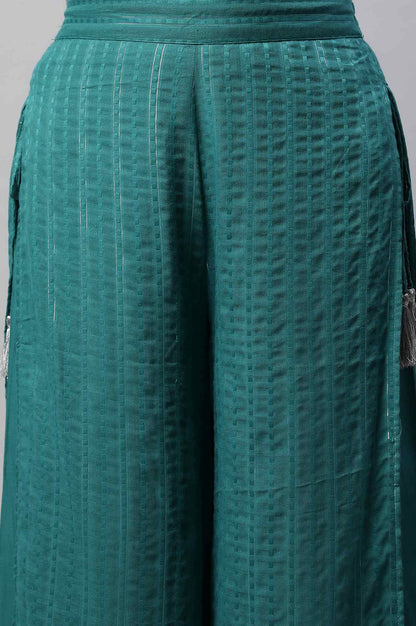Teal Green Textured Wide-leg Cotton Palazzo with Drawstring