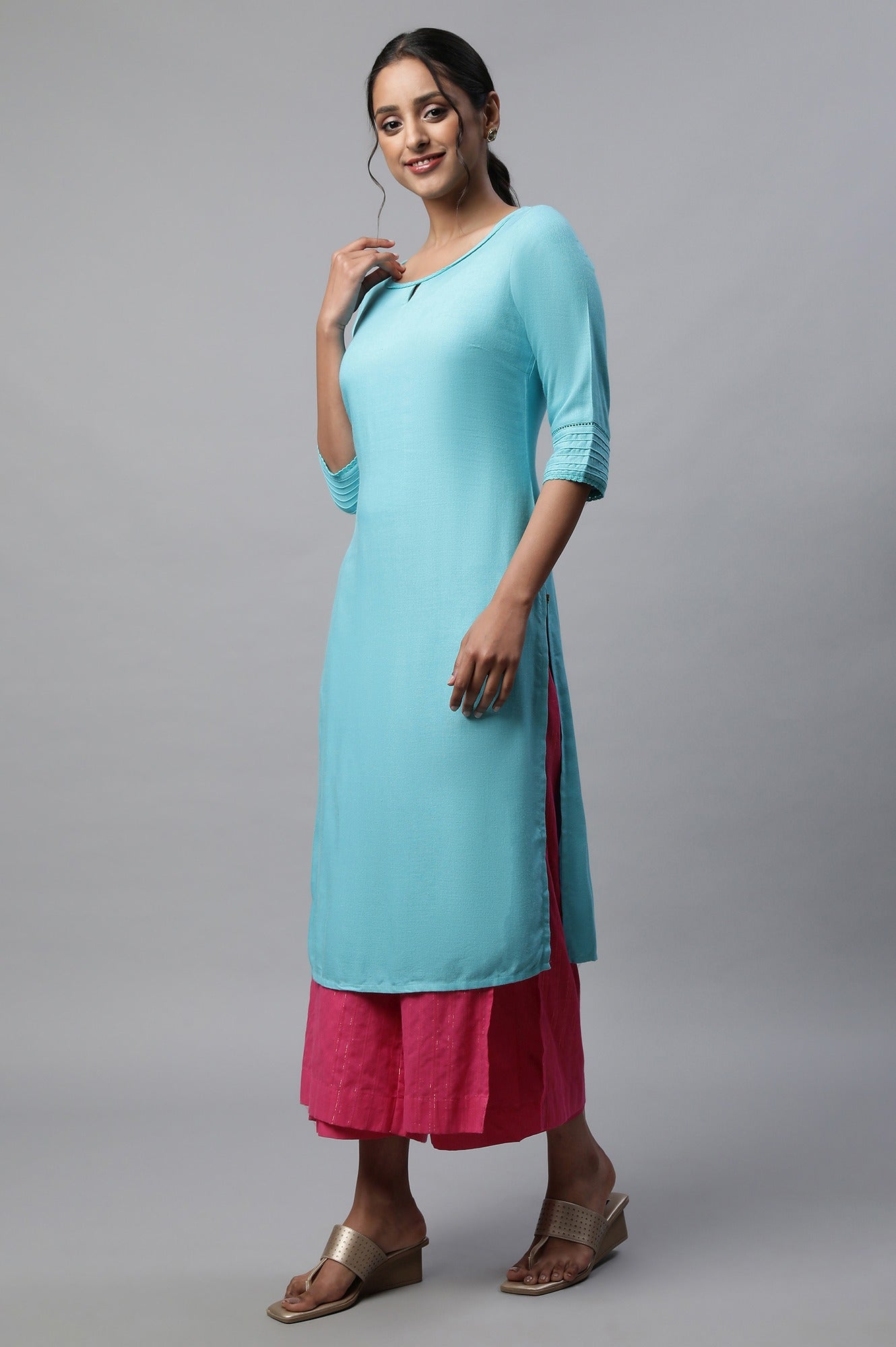 Pink Textured Straight Fit Cotton Palazzo With Drawstring Waist