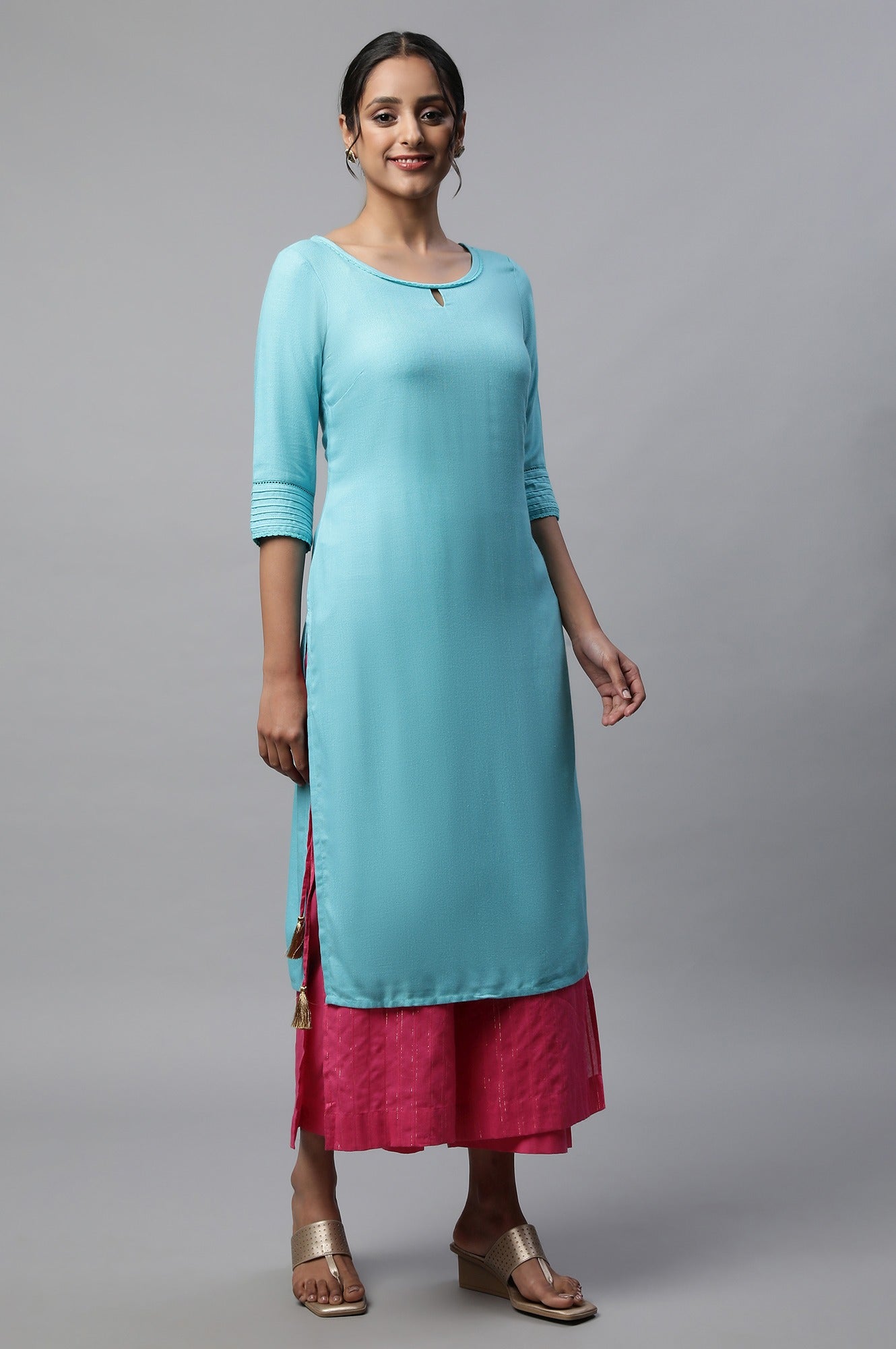 Pink Textured Straight Fit Cotton Palazzo With Drawstring Waist