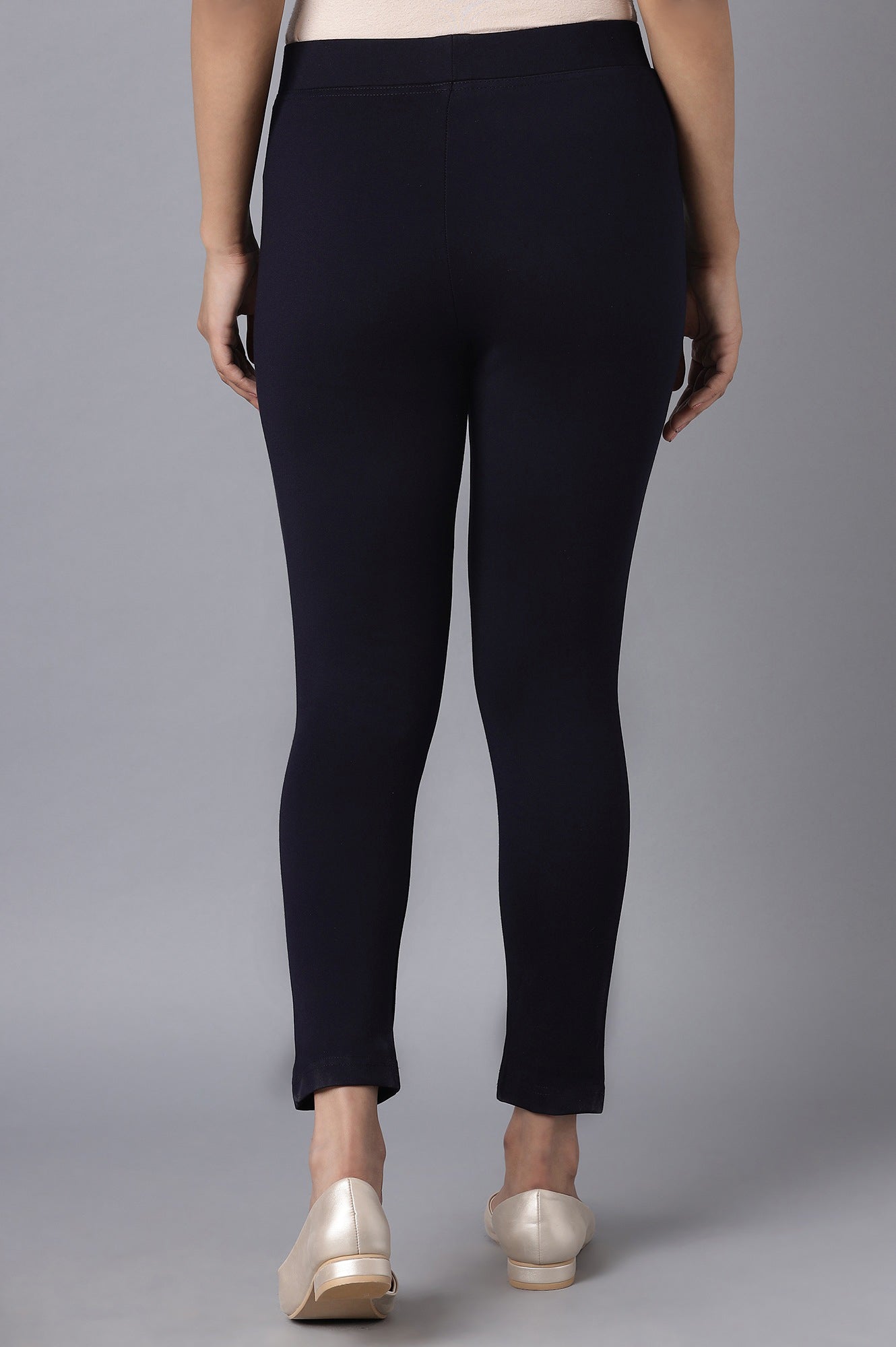 Navy Blue Solid Straight Fit Tights With Elasticated Waist