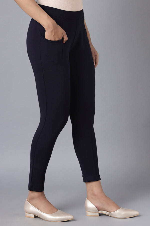 Navy Blue Solid Straight Fit Tights With Elasticated Waist