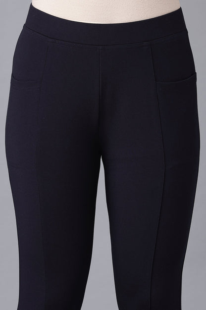 Navy Blue Solid Straight Fit Tights With Elasticated Waist