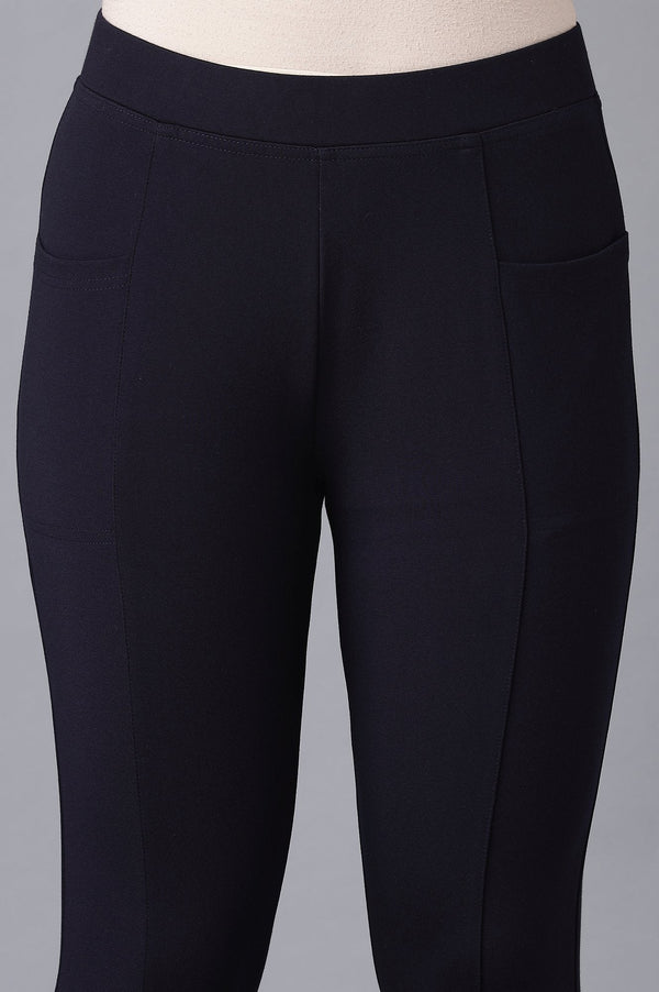 Navy Blue Solid Straight Fit Tights With Elasticated Waist