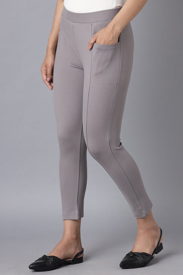 Grey Solid Straight Fit Yoga Tights With Elasticated Waist