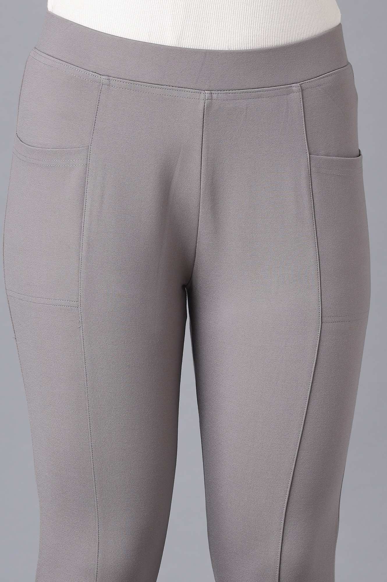 Grey Solid Straight Fit Yoga Tights With Elasticated Waist