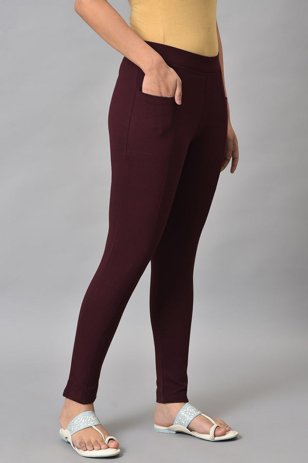 Maroon Solid Skinny Fit Yoga Tights With Elasticated Waistband