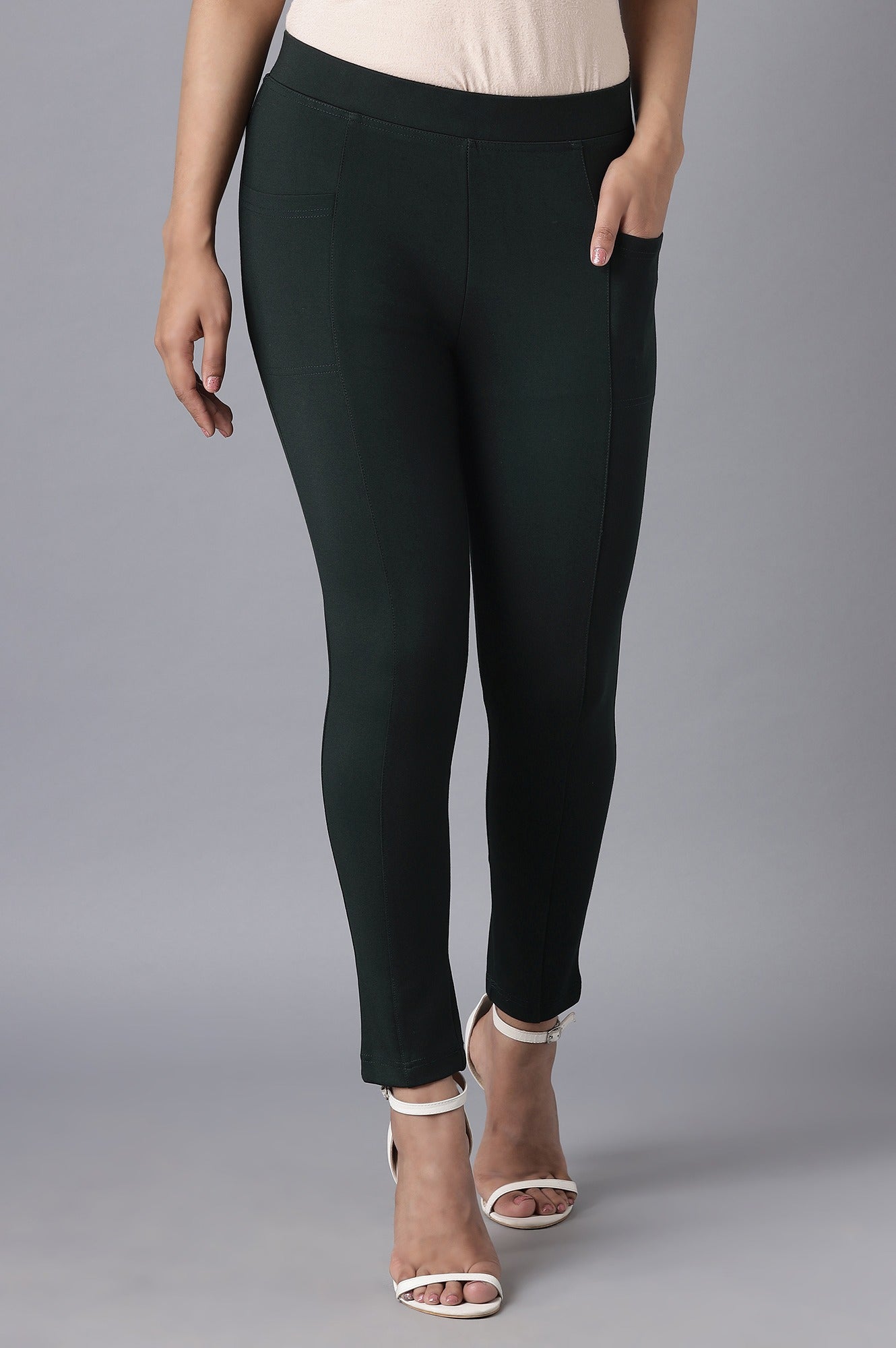 Dark Green Solid Straight Fit Tights With Elasticated Waist