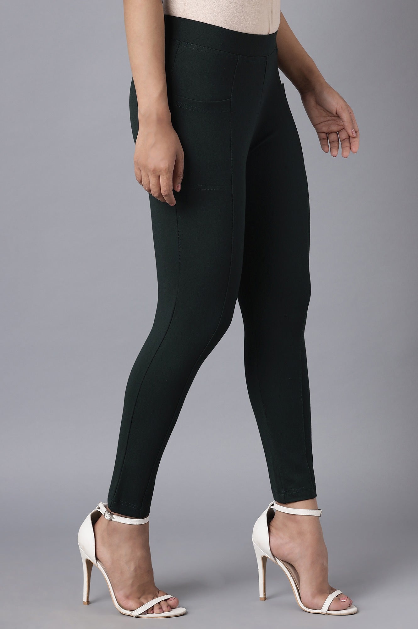 Dark Green Solid Straight Fit Tights With Elasticated Waist