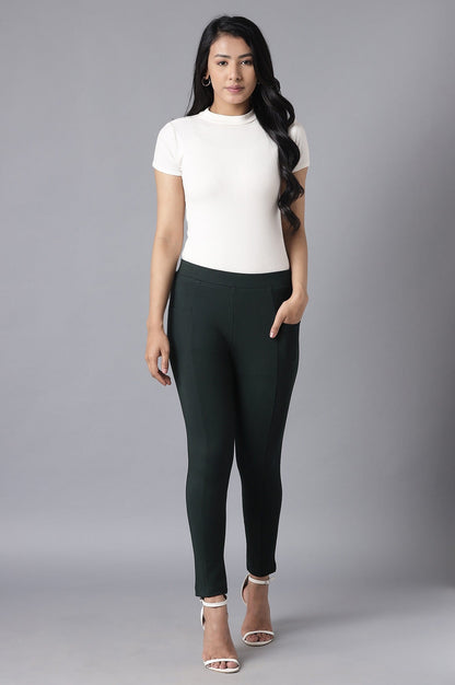 Dark Green Solid Straight Fit Tights With Elasticated Waist