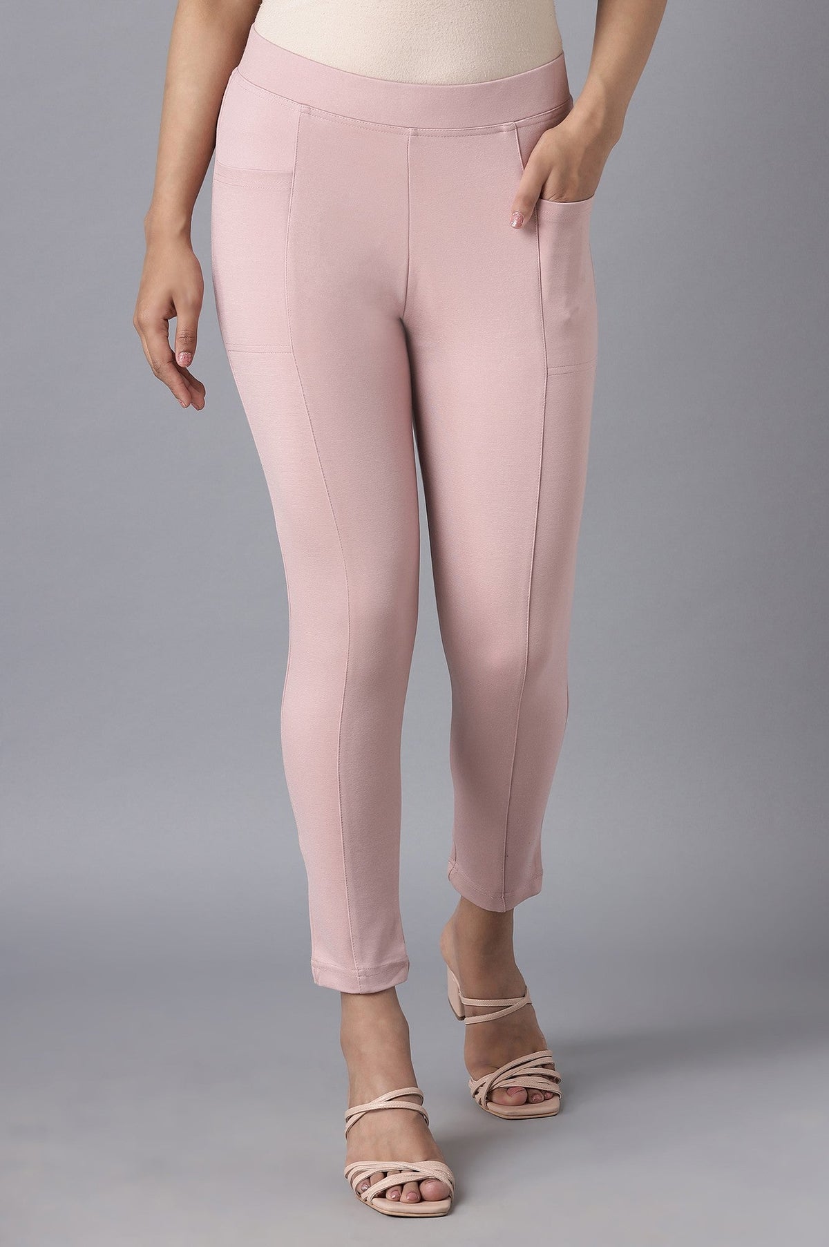 Elleven Women's Pink Solid Straight Fit Tights With Elasticated Waist - S