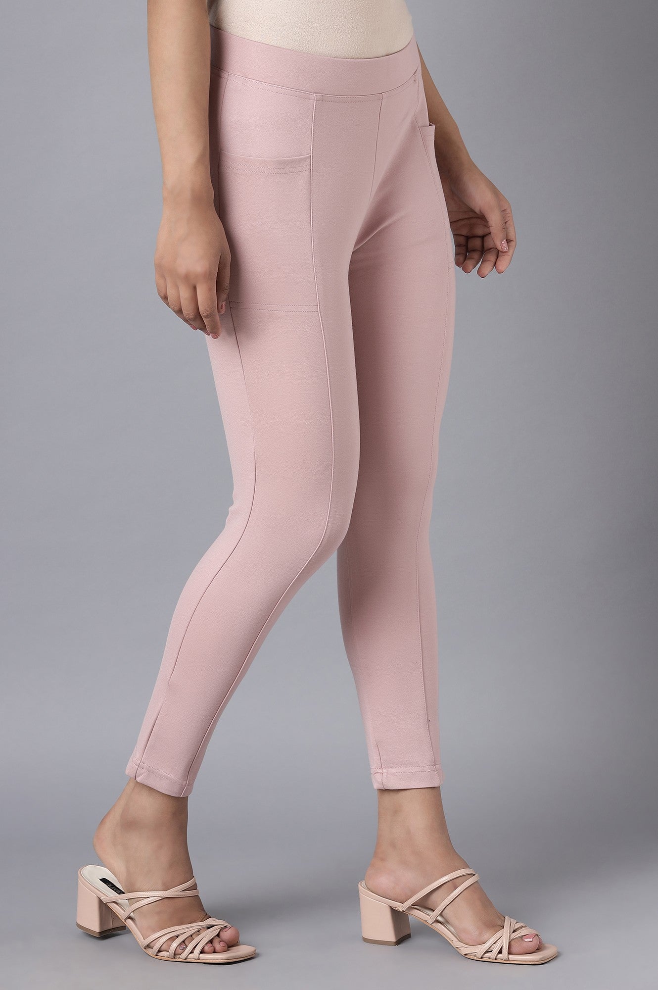Pink Solid Straight Fit Tights With Elasticated Waist