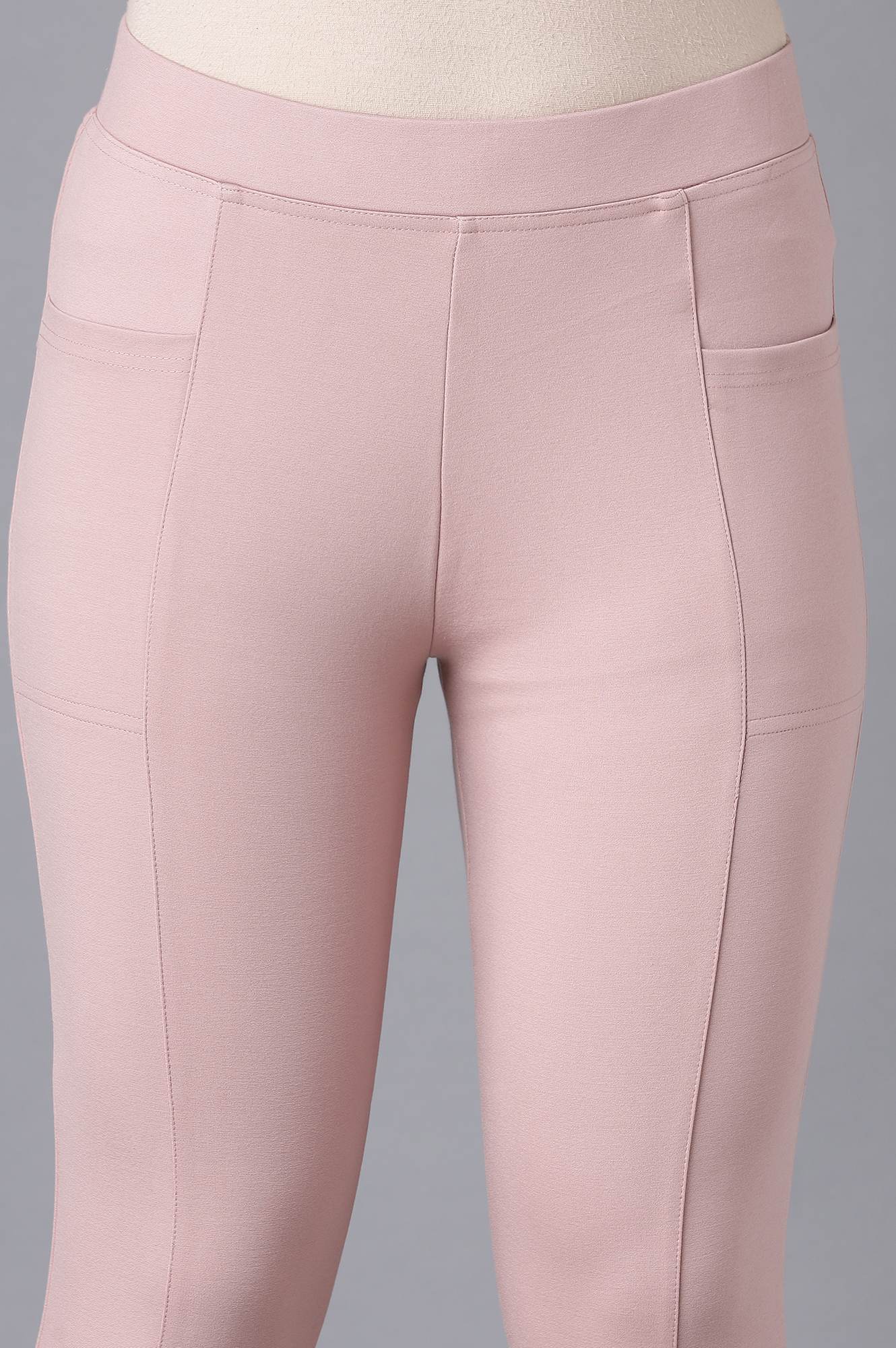 Pink Solid Straight Fit Tights With Elasticated Waist
