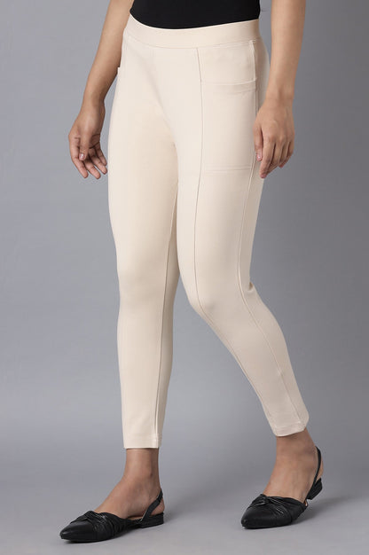 Beige Solid Straight Fit Pants With Elasticated Waist
