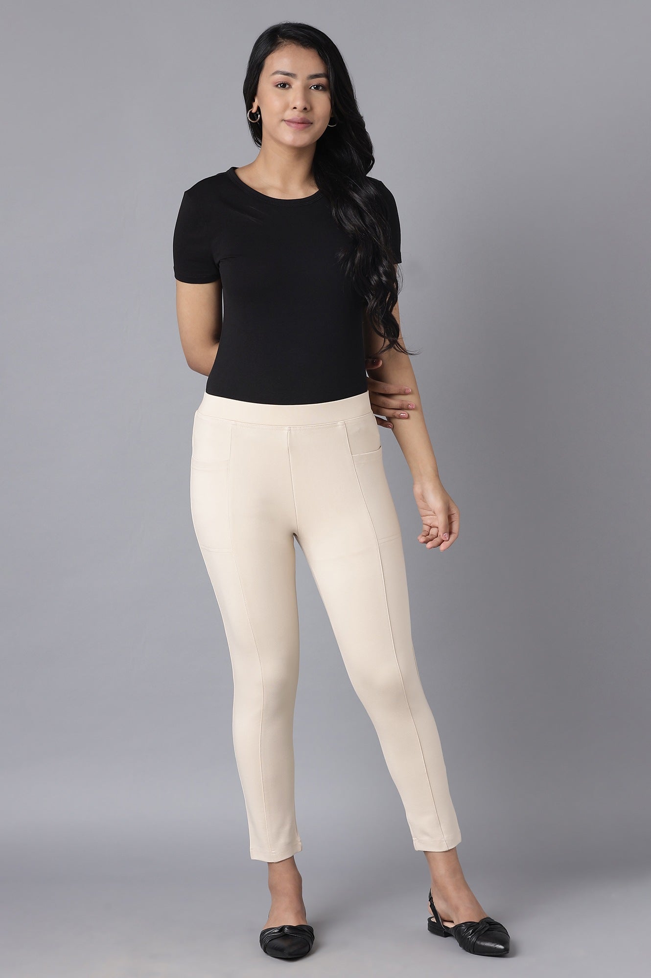 Beige Solid Straight Fit Pants With Elasticated Waist