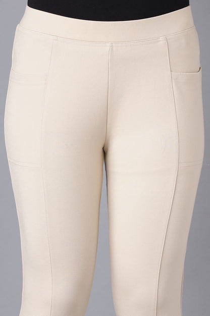 Beige Solid Straight Fit Pants With Elasticated Waist