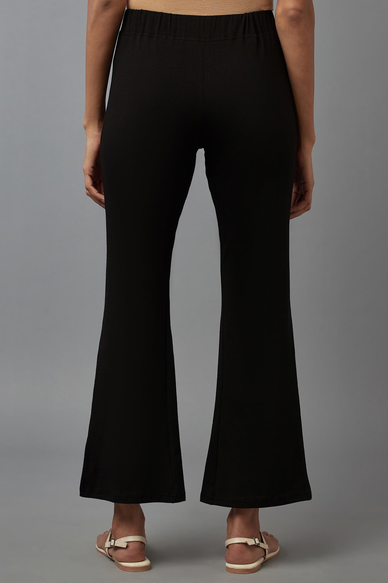 Black Solid Flared Cotton Pants With Slip On Closure