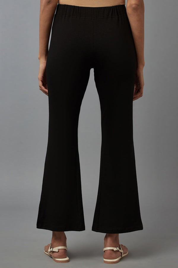 Elleven Women's Black Solid Flared Cotton Pants With Slip On Closure