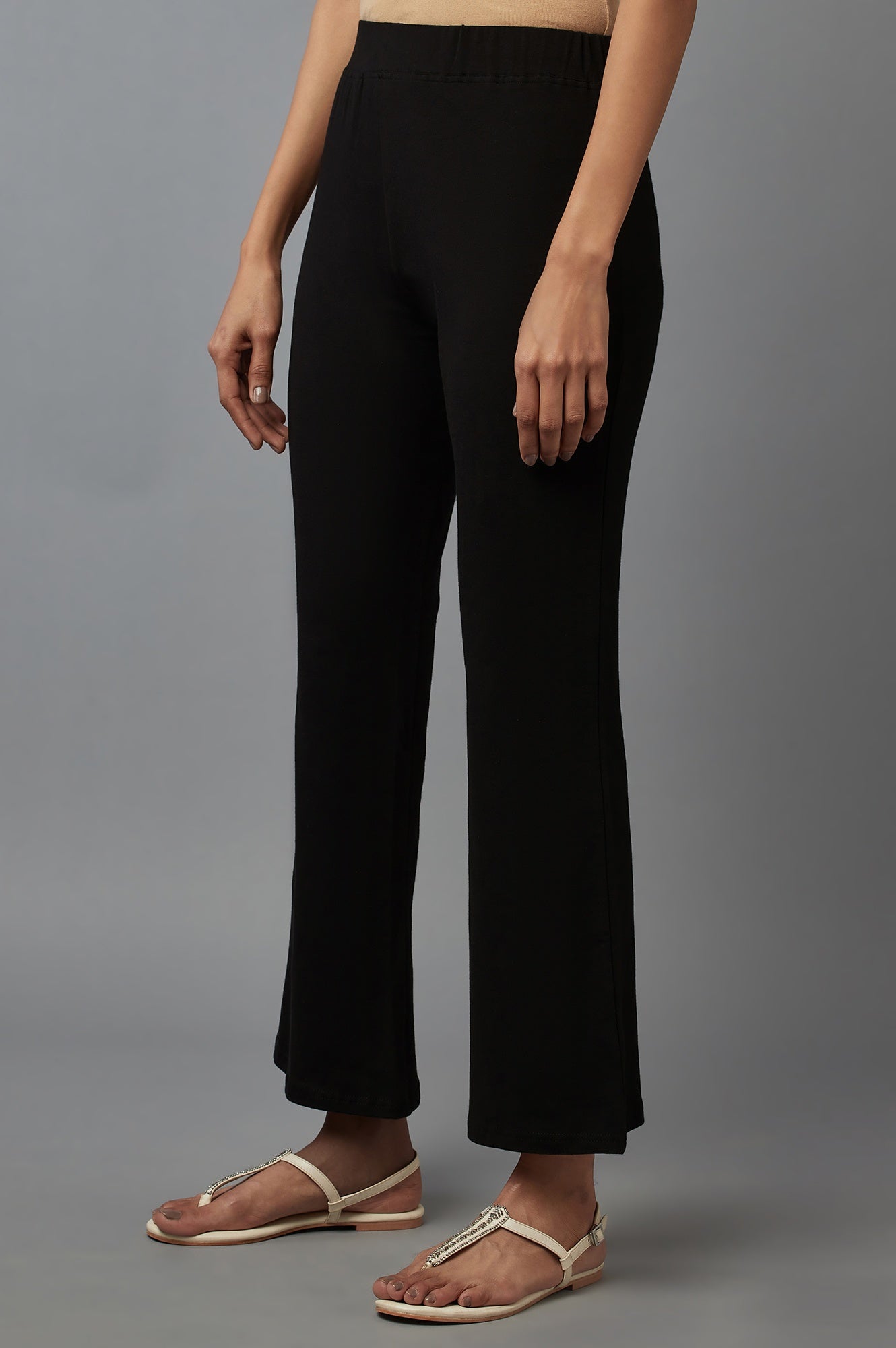 Black Solid Flared Cotton Pants With Slip On Closure