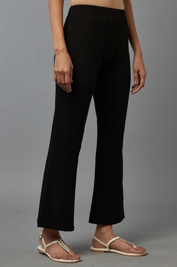Elleven Women's Black Solid Flared Cotton Pants With Slip On Closure