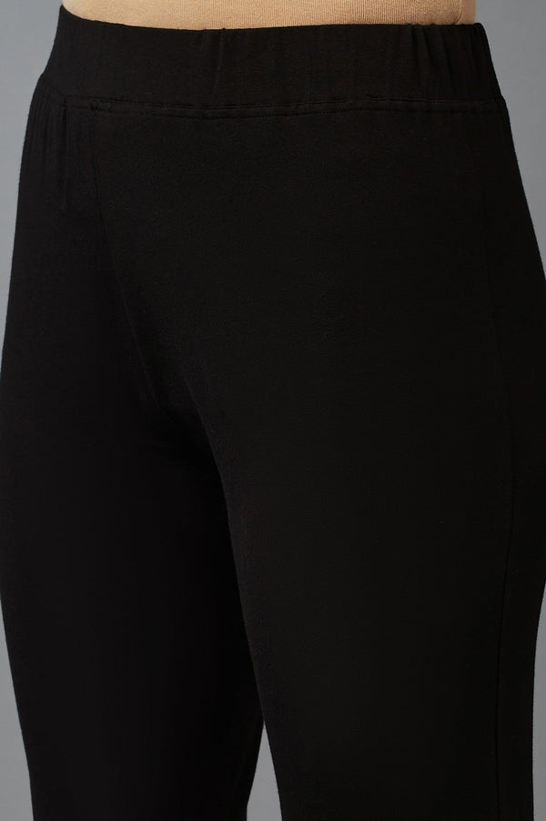 Elleven Women's Black Solid Flared Cotton Pants With Slip On Closure