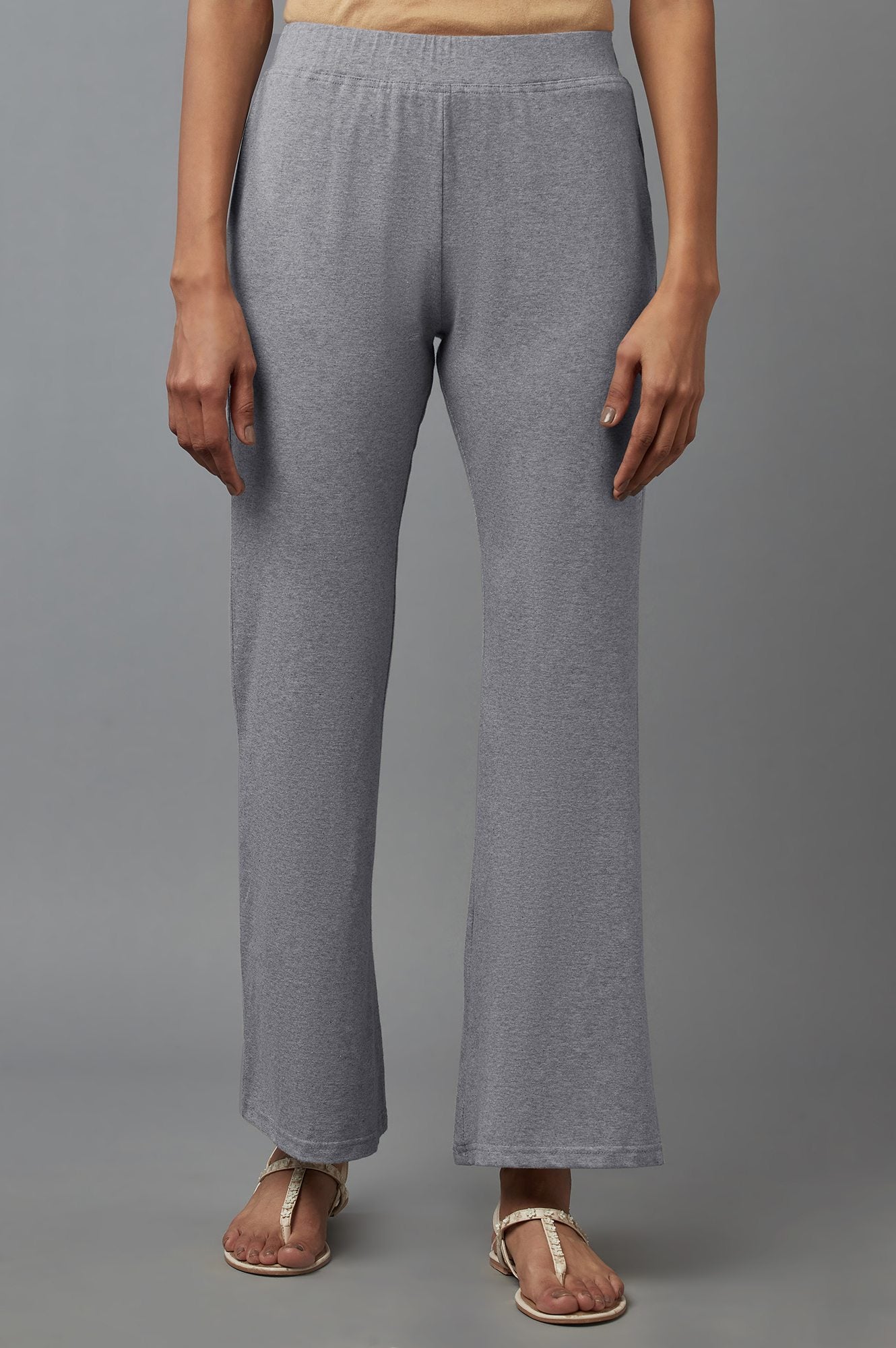 Grey Solid Flared Cotton Pants With Slip On Closure