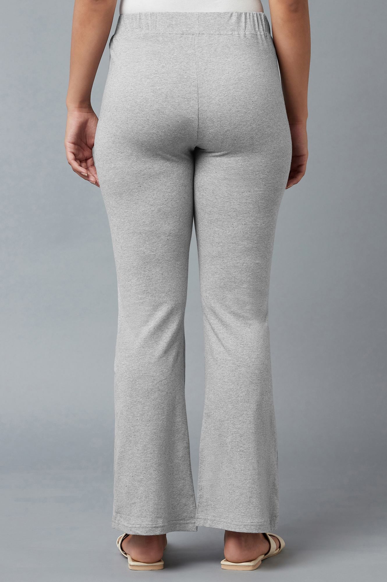 Grey Solid Flared Cotton Pants With Slip On Closure