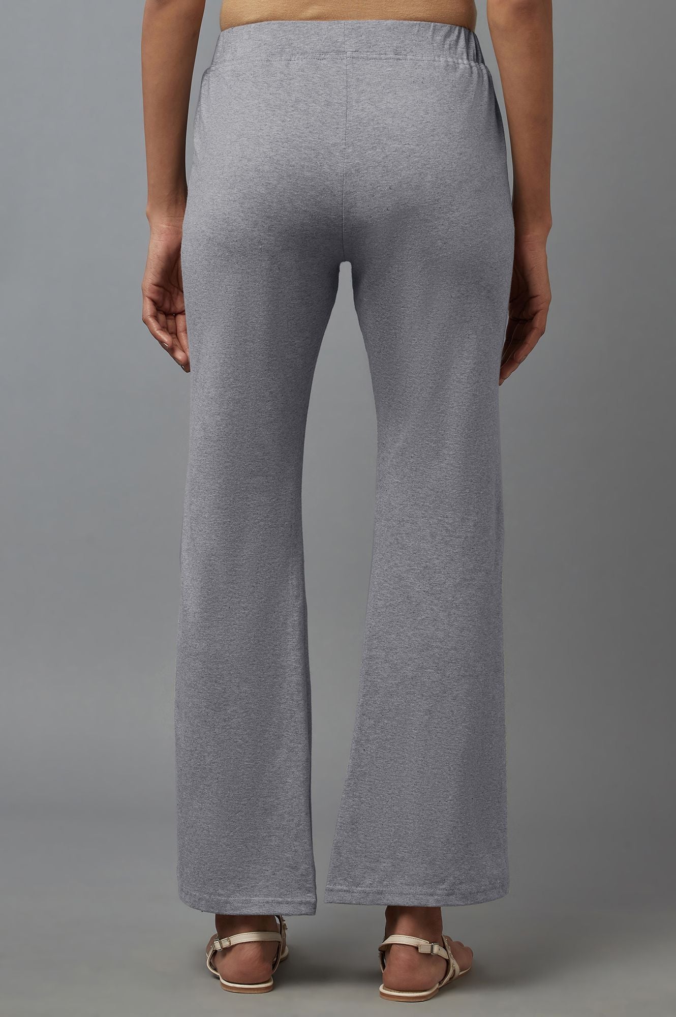 Grey Solid Flared Cotton Pants With Slip On Closure