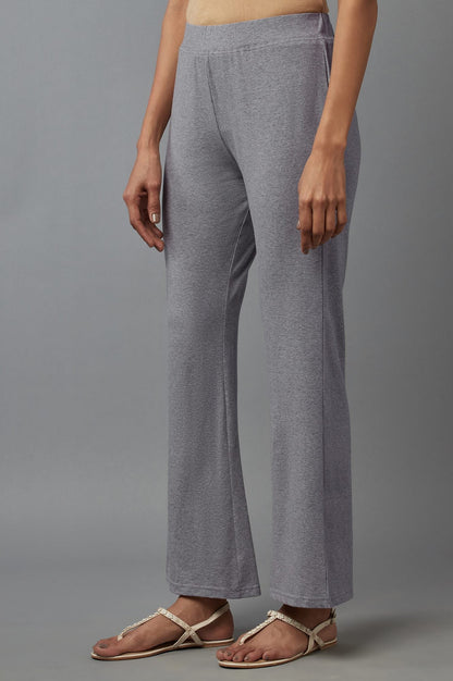 Grey Solid Flared Cotton Pants With Slip On Closure