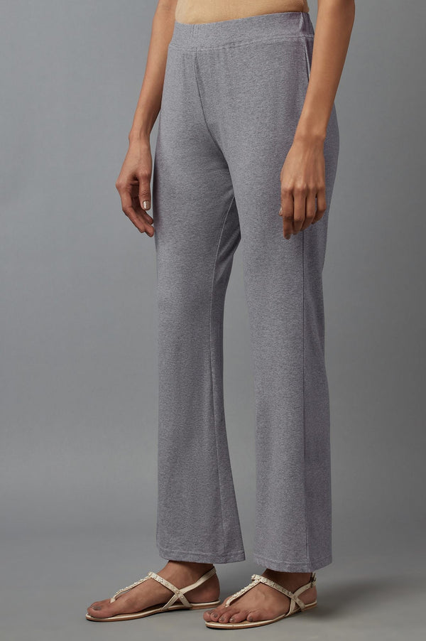 Grey Solid Flared Cotton Pants With Slip On Closure