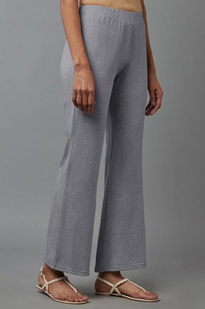Grey Solid Flared Cotton Pants With Slip On Closure