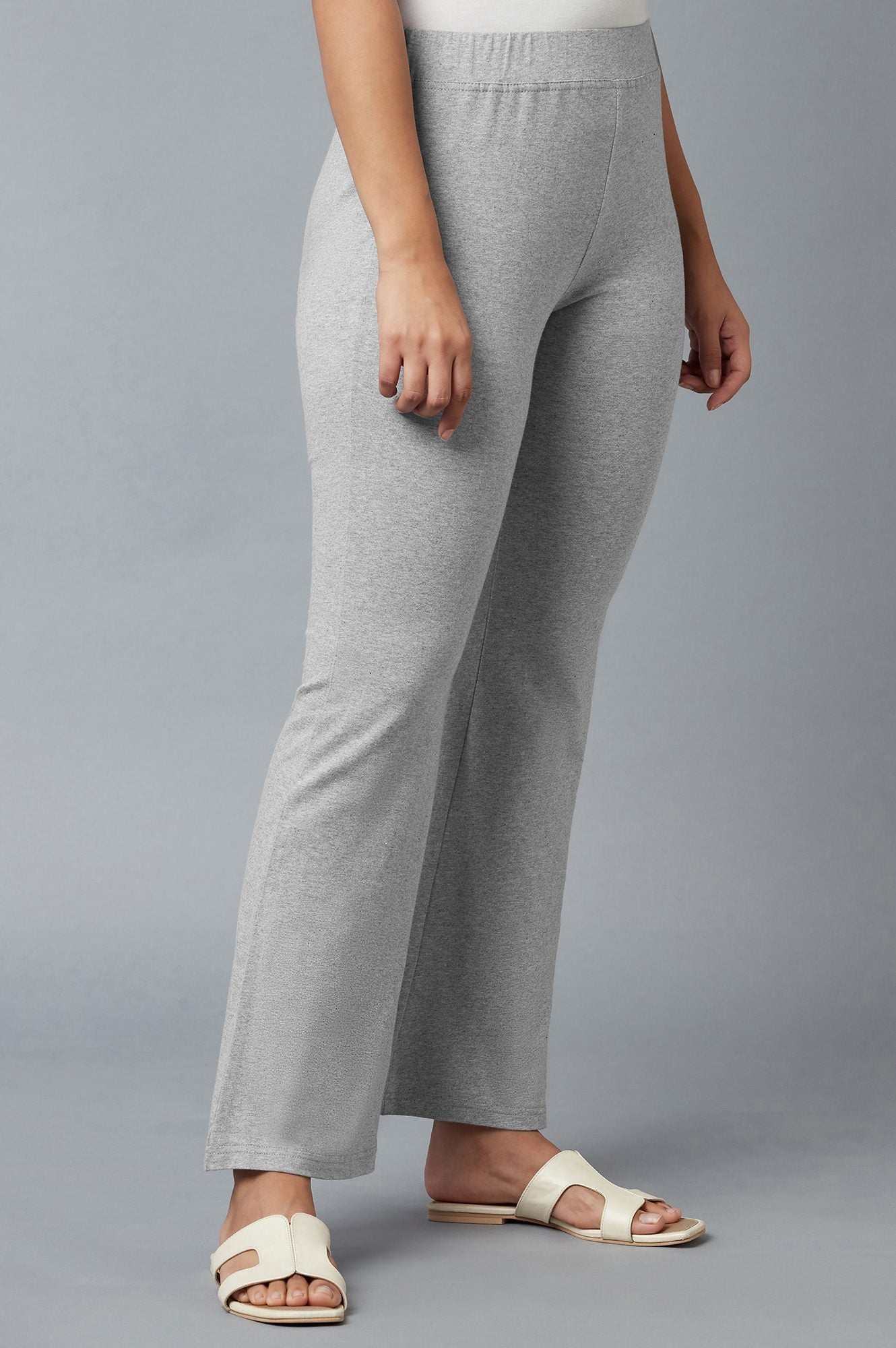 Grey Solid Flared Cotton Pants With Slip On Closure