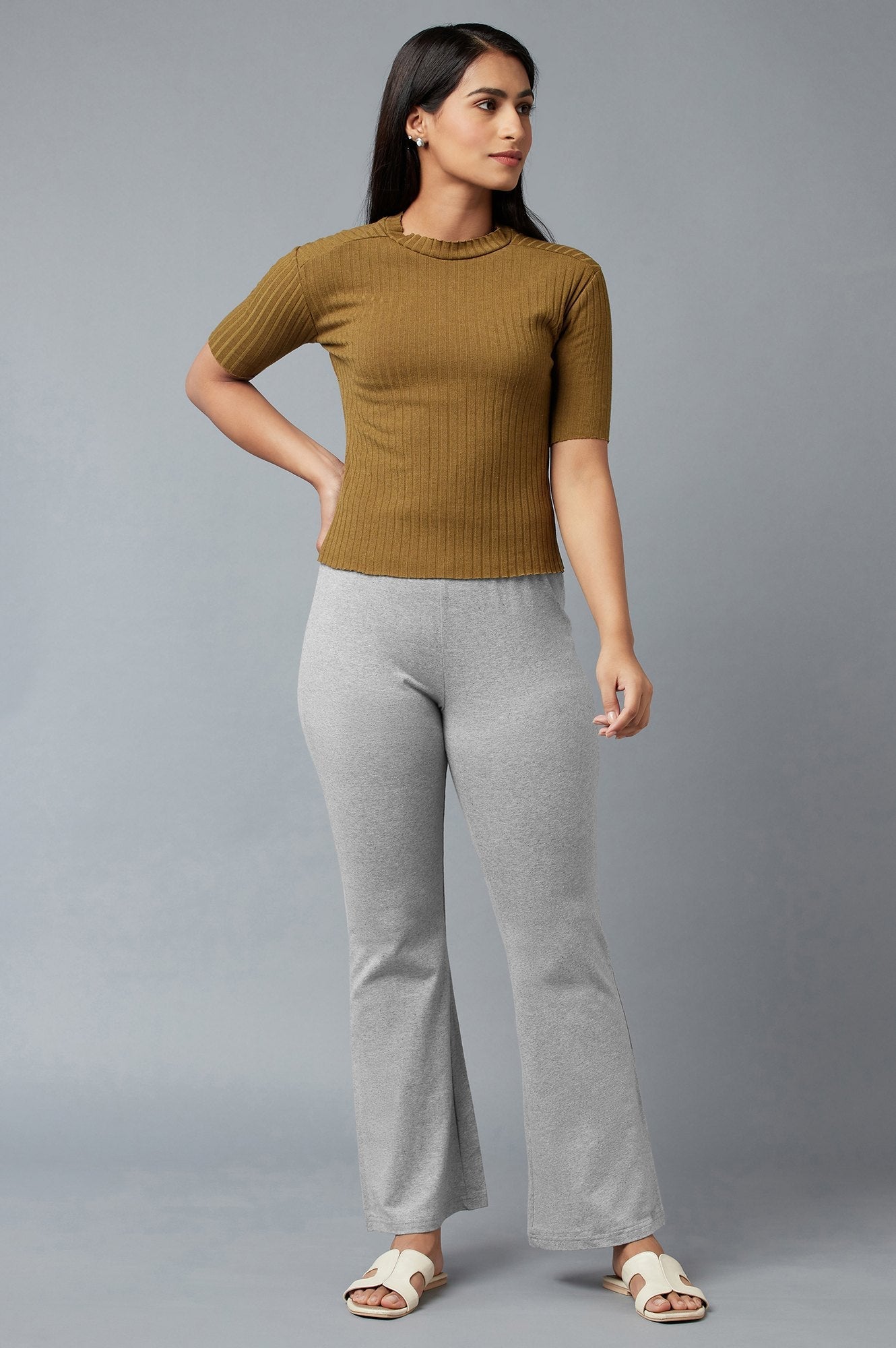 Grey Solid Flared Cotton Pants With Slip On Closure