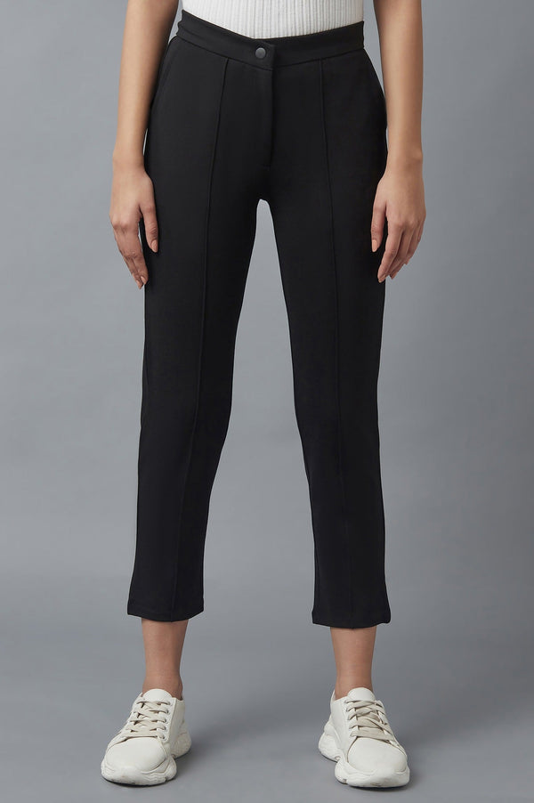 Elleven Women's Black Solid Straight Fit Trousers With Pintuck Detail