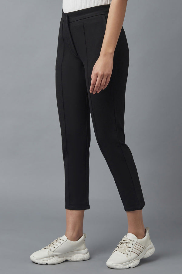 Elleven Women's Black Solid Straight Fit Trousers With Pintuck Detail