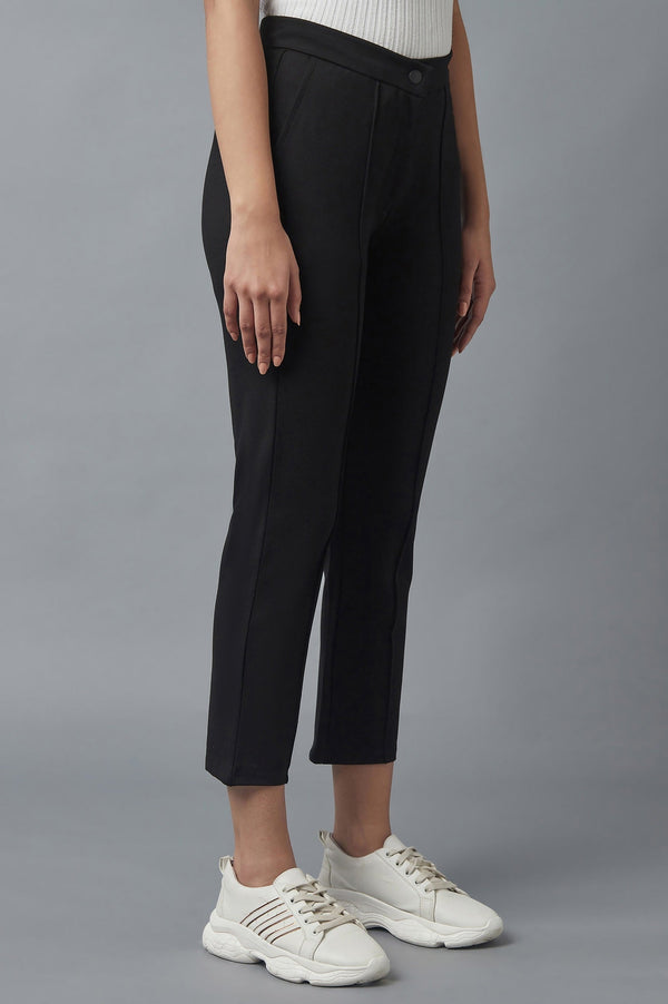 Elleven Women's Black Solid Straight Fit Trousers With Pintuck Detail
