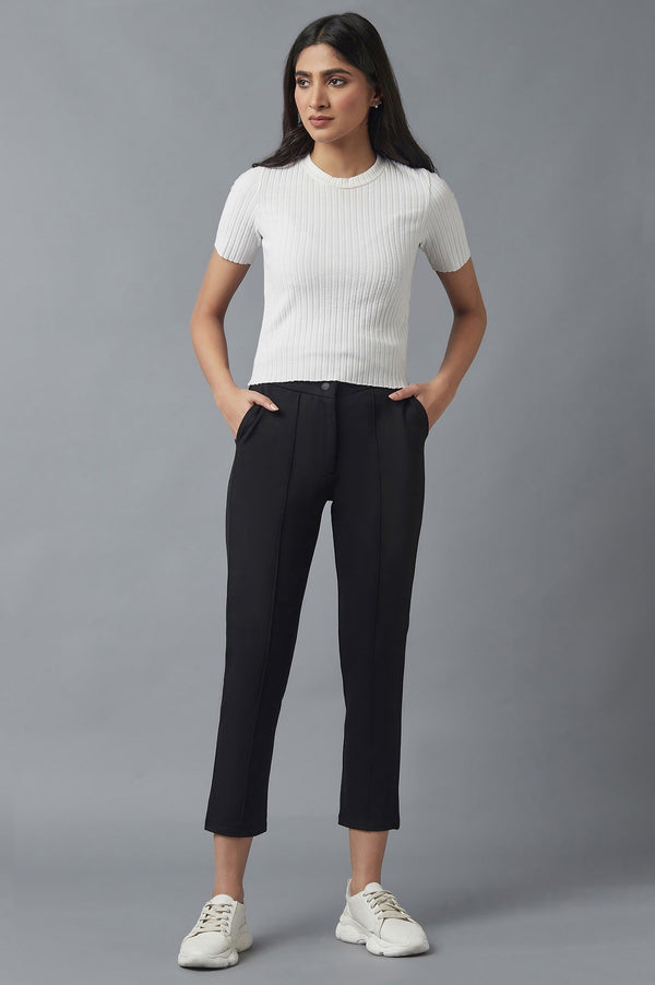 Elleven Women's Black Solid Straight Fit Trousers With Pintuck Detail