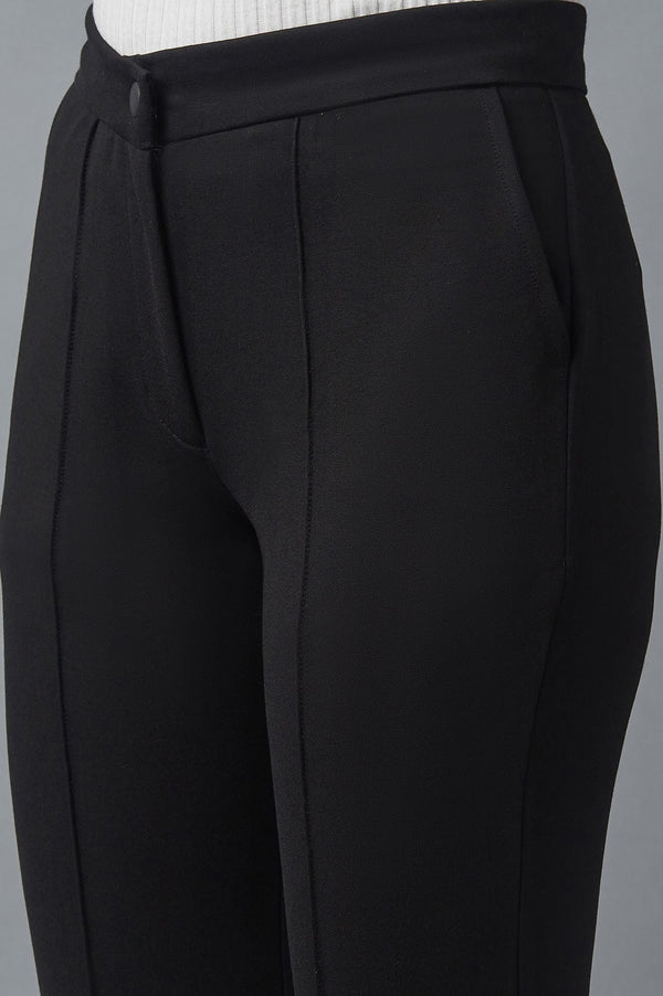 Elleven Women's Black Solid Straight Fit Trousers With Pintuck Detail