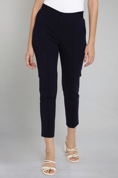 Navy Blue Solid Straight Fit Trousers With Pintuck Detail