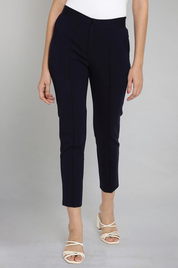 Elleven Women's Navy Blue Solid Straight Fit Trousers With Pintuck Detail