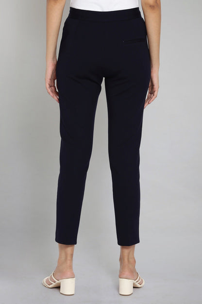 Navy Blue Solid Straight Fit Trousers With Pintuck Detail