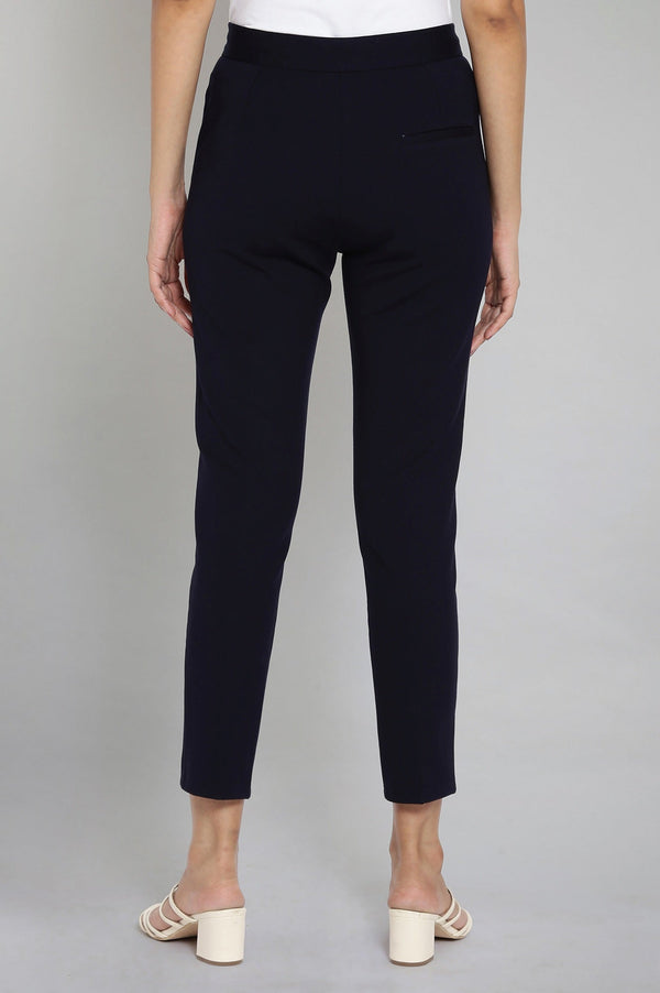 Elleven Women's Navy Blue Solid Straight Fit Trousers With Pintuck Detail