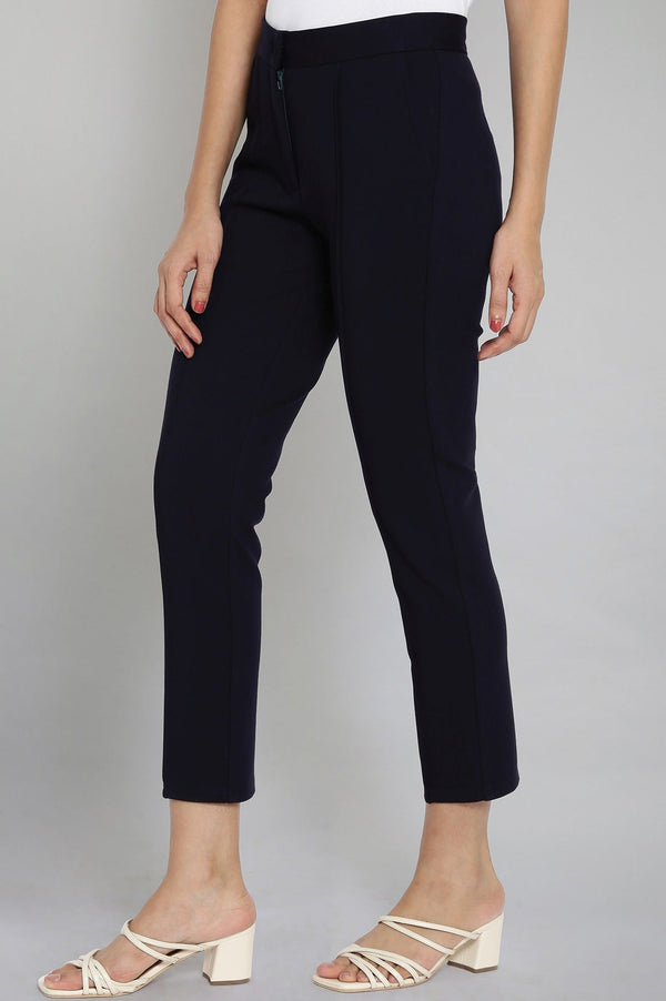 Elleven Women's Navy Blue Solid Straight Fit Trousers With Pintuck Detail