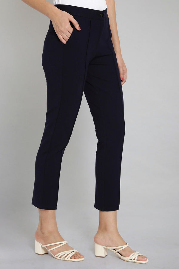 Elleven Women's Navy Blue Solid Straight Fit Trousers With Pintuck Detail