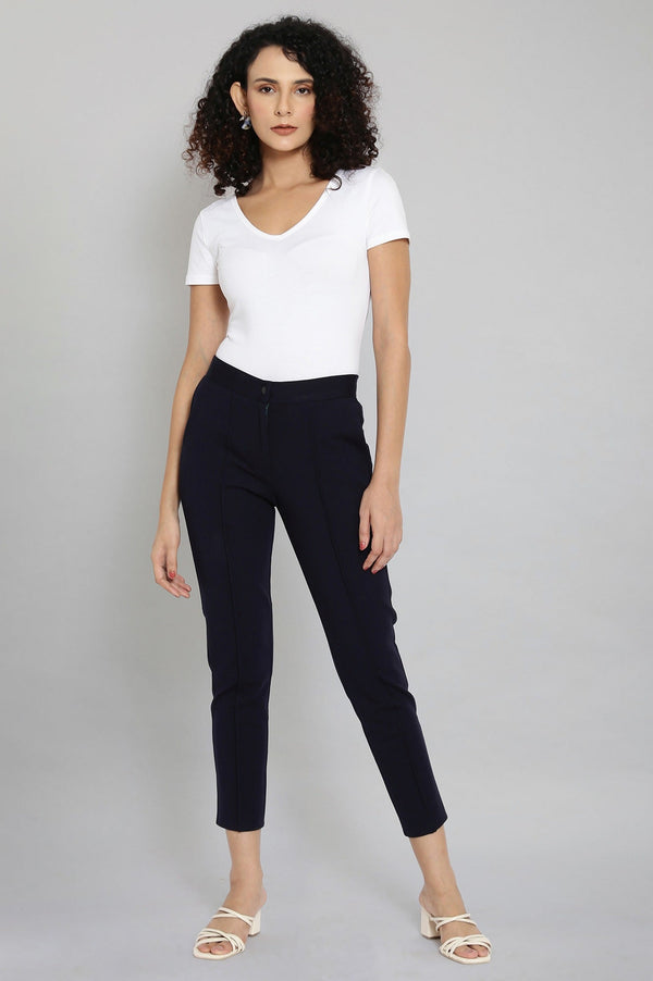 Elleven Women's Navy Blue Solid Straight Fit Trousers With Pintuck Detail