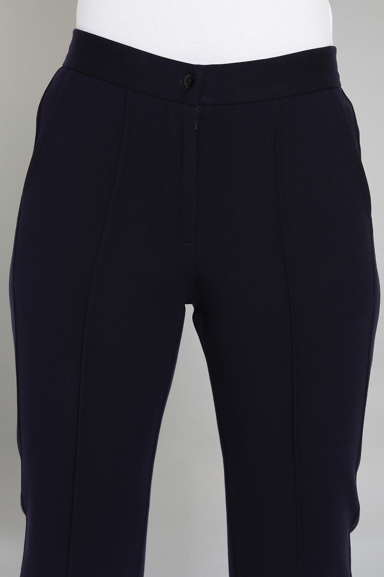Navy Blue Solid Straight Fit Trousers With Pintuck Detail