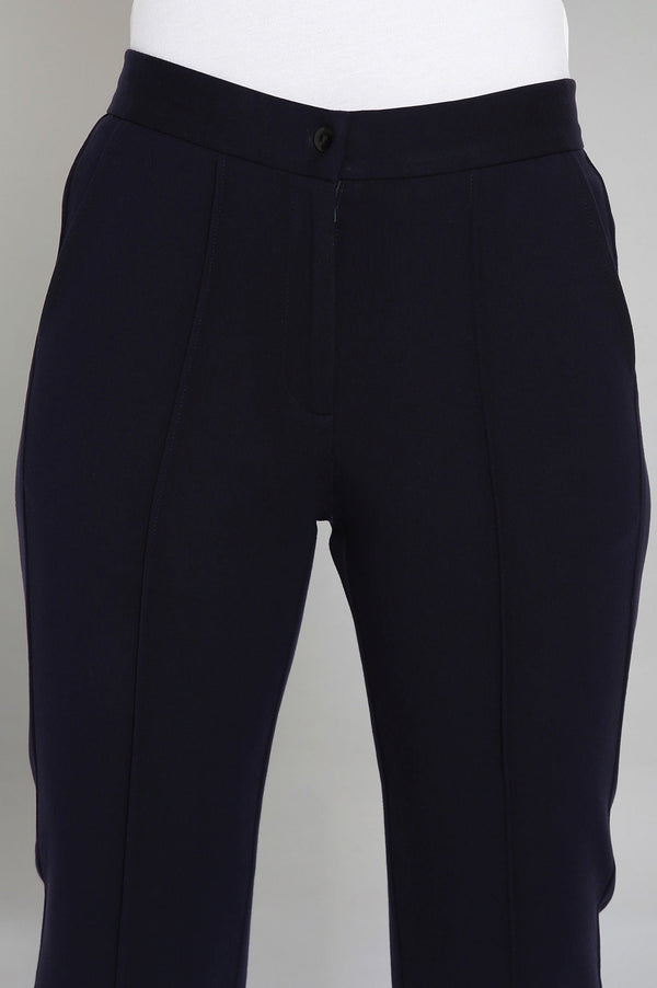 Elleven Women's Navy Blue Solid Straight Fit Trousers With Pintuck Detail