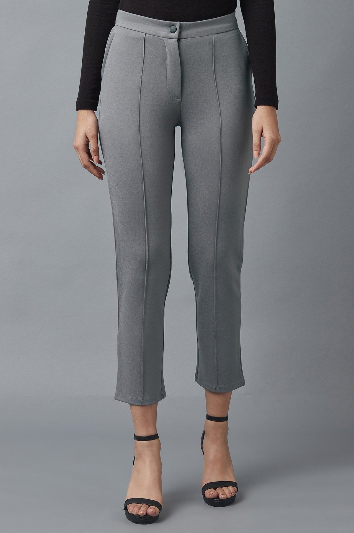 Elleven Women's Grey Solid Straight Fit Trousers With Pintuck Detail - M